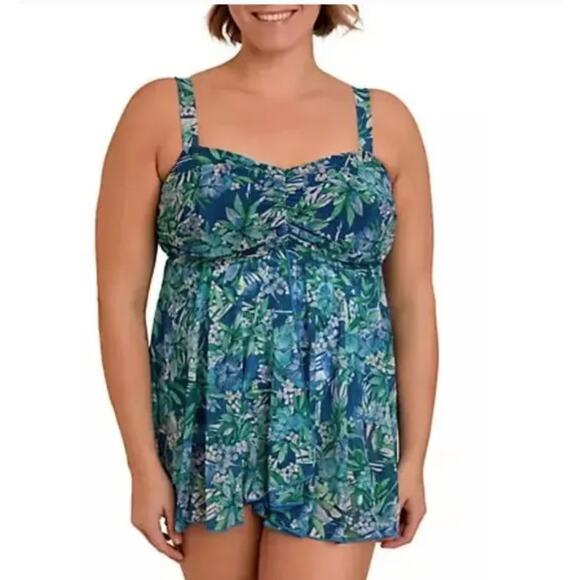 Fit 4 U Blue Flyaway Bandeau Tropical One Piece Swimdress 24W - Picture 10 of 10